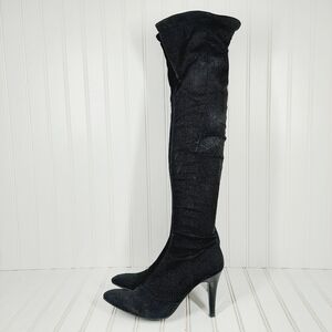 Nine West  Sinister Side Zip Above Knee Black Stretchy Fabric Heeled Boots I153